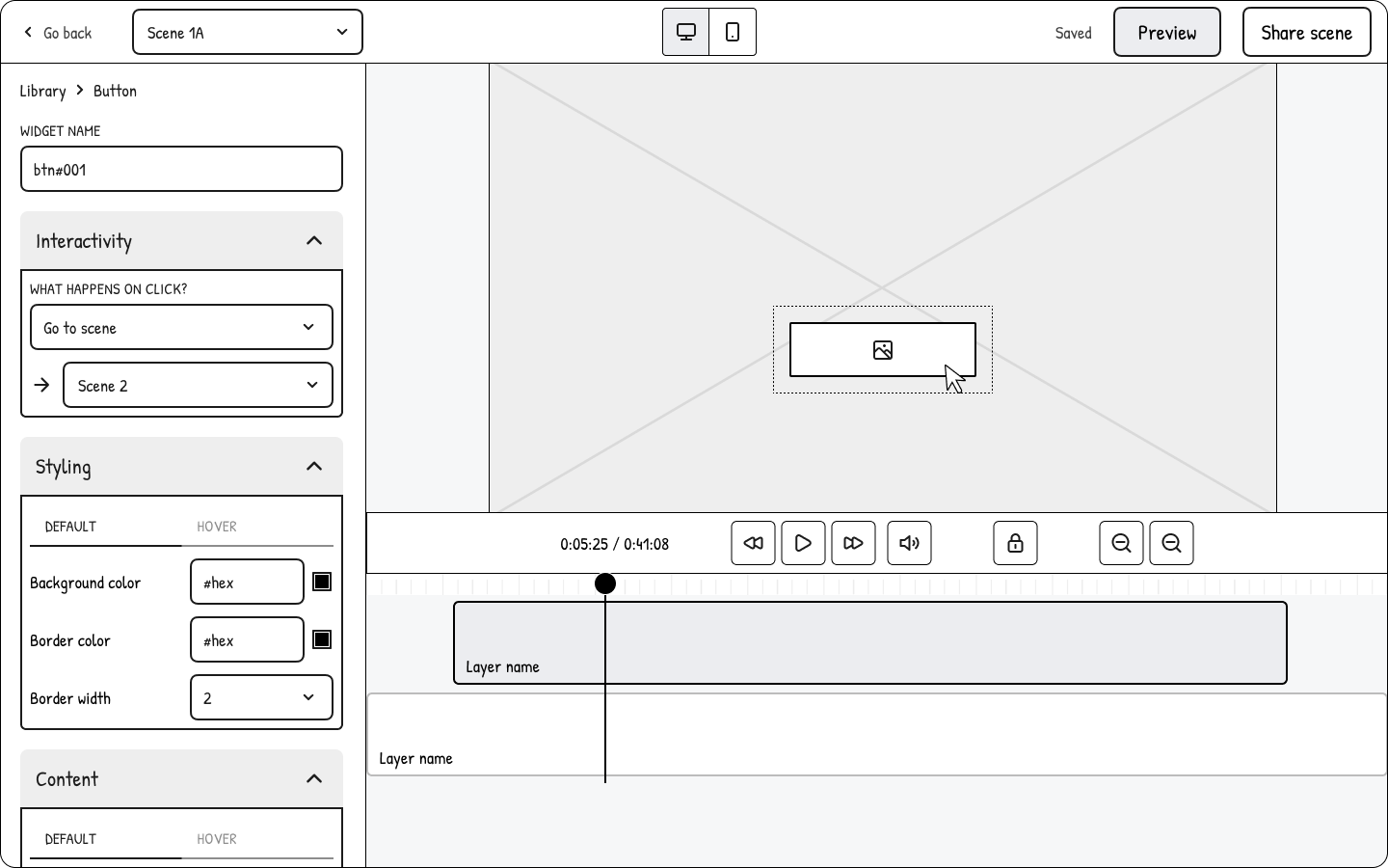 Wireframe: Default and hover states in scene editor